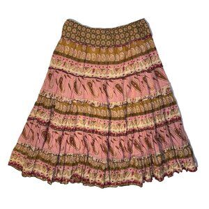 Miss Chievous Pull On Peasant Skirt - M Pink & Brown Paisley Hippie Boho Maxi